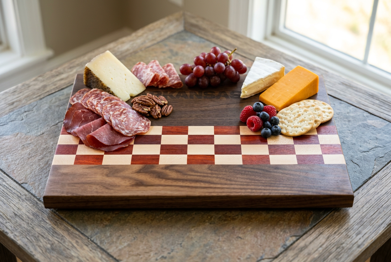 Charcuterie arranged on an Arkansas engraved cutting board