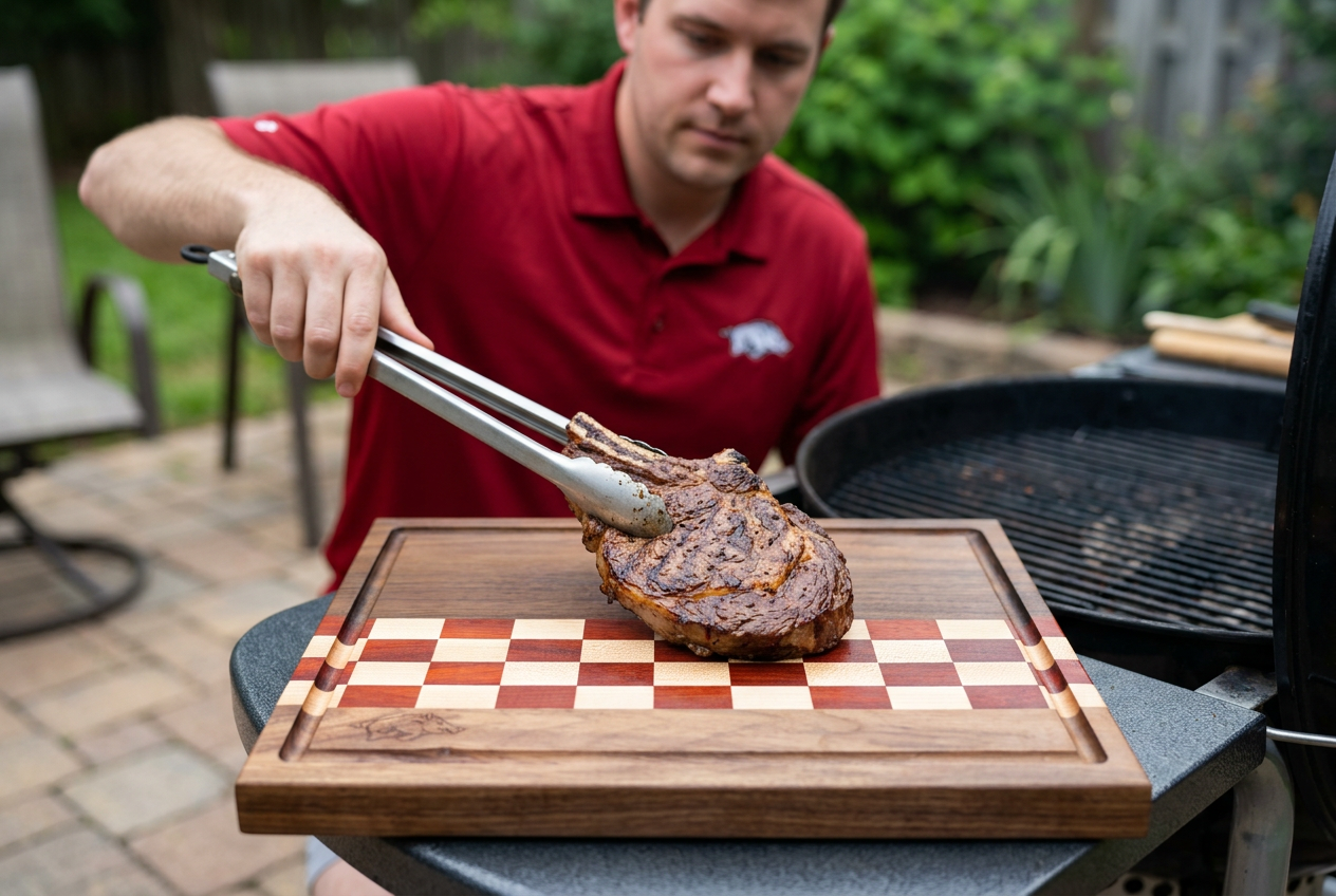 Freshly grilled steak being placed on a Razorback cutting board